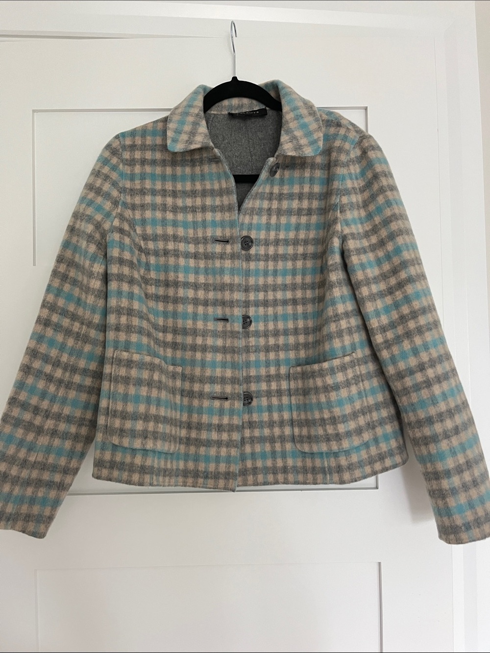 Talbots Cream, Gray and Light Blue Plaid Wool-Blend Pea Coat